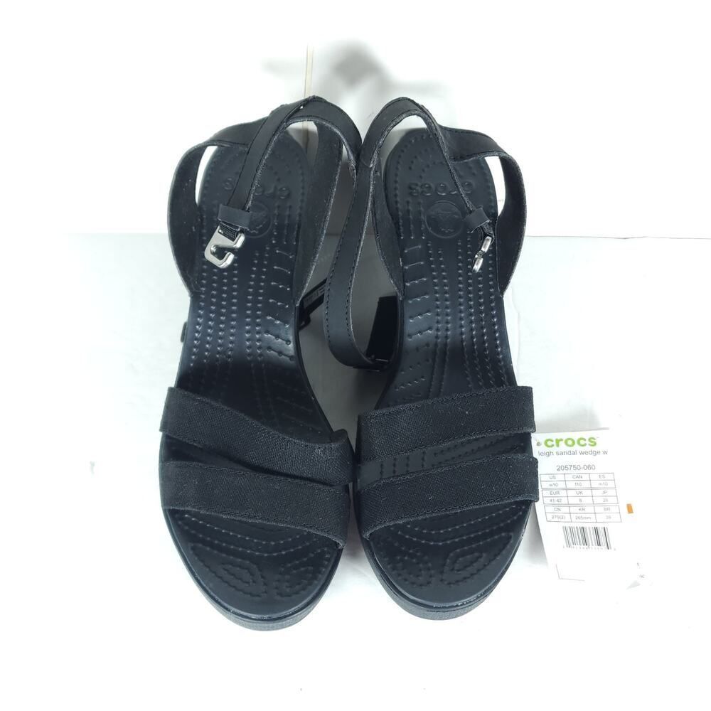 Crocs Women's Leigh II US 10 Black Canvas Ankle Strap Wedge Comfort Sandals NWT - Picture 4 of 16